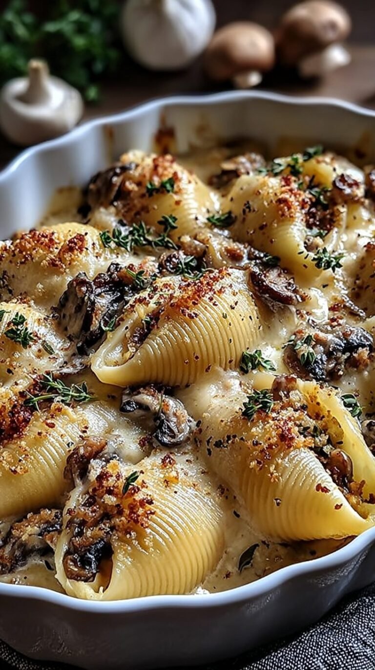 A bowl of medium pasta shells coated in a white garlic cream sauce with sautéed mushrooms and green parsley.