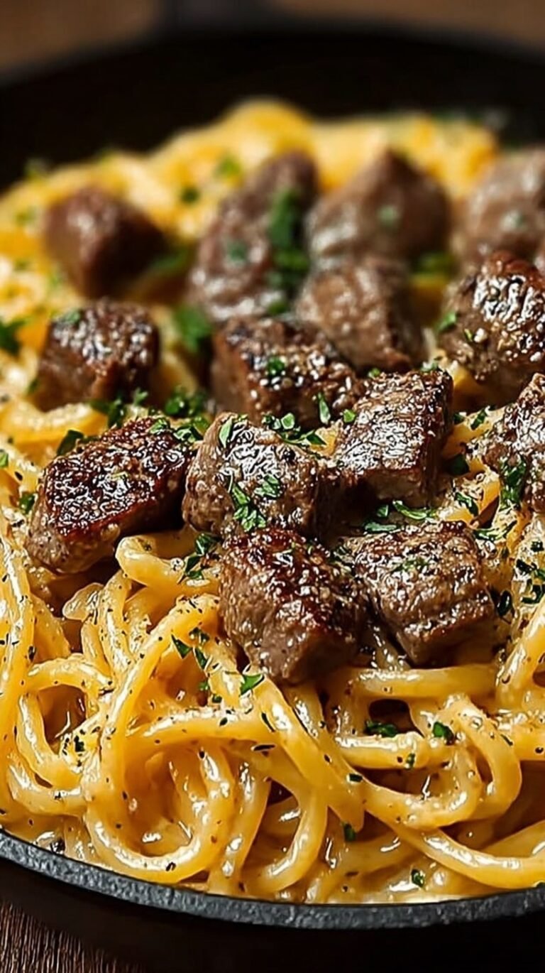 A bowl of beef garlic butter pasta with parsley and parmesan cheese