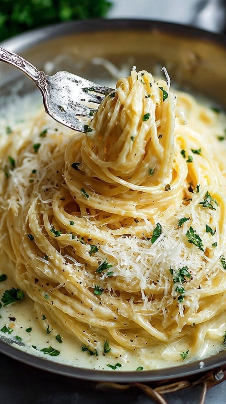 A bowl of creamy fettuccine pasta coated in garlic parmesan sauce and topped with fresh parsley.