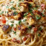 A bubbling dish of creamy chicken spaghetti topped with melted cheddar cheese