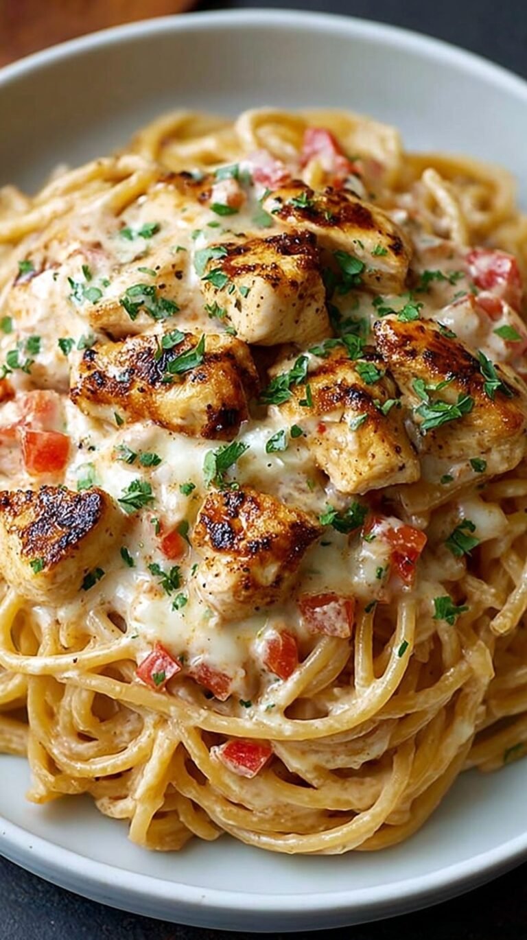 A bubbling dish of creamy chicken spaghetti topped with melted cheddar cheese