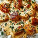 A skillet filled with creamy rice, seared chicken pieces, and wilted spinach in a golden sauce.