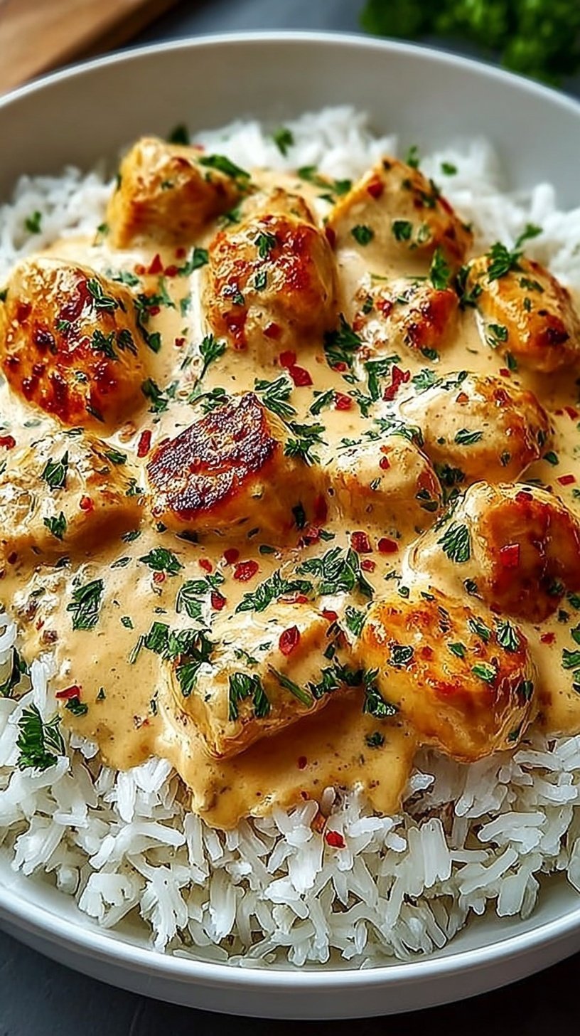 A skillet filled with creamy rice, seared chicken pieces, and wilted spinach in a golden sauce.