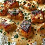 A plate of golden seared chicken thighs smothered in white onion gravy over a bed of white rice