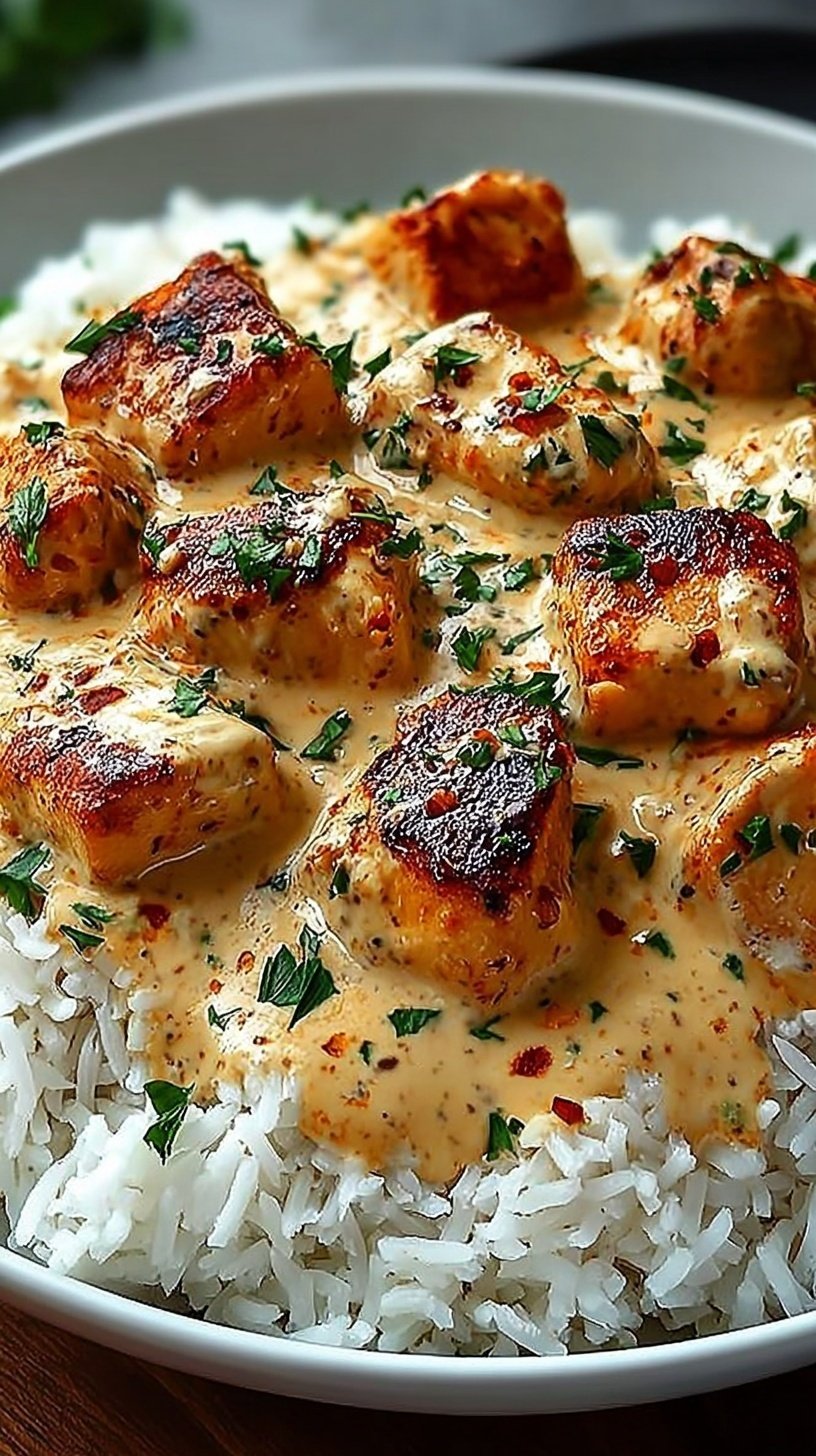 A plate of golden seared chicken thighs smothered in white onion gravy over a bed of white rice