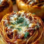 Four sourdough bread bowls filled with spaghetti marinara and melted mozzarella cheese on a baking sheet.