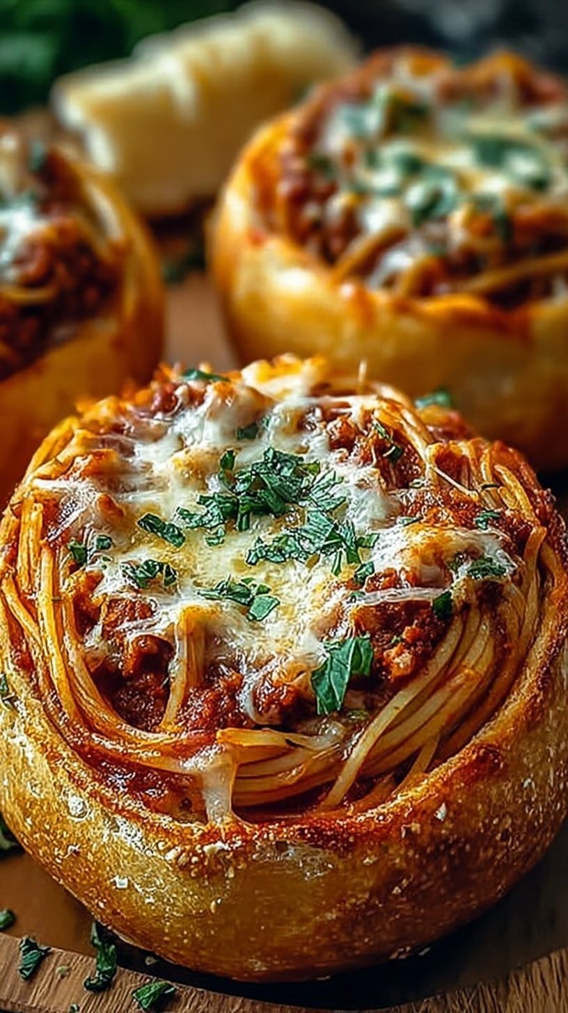 Four sourdough bread bowls filled with spaghetti marinara and melted mozzarella cheese on a baking sheet.