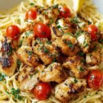 A plate of golden brown chicken strips and linguine tossed in a lemon garlic butter sauce with fresh parsley.