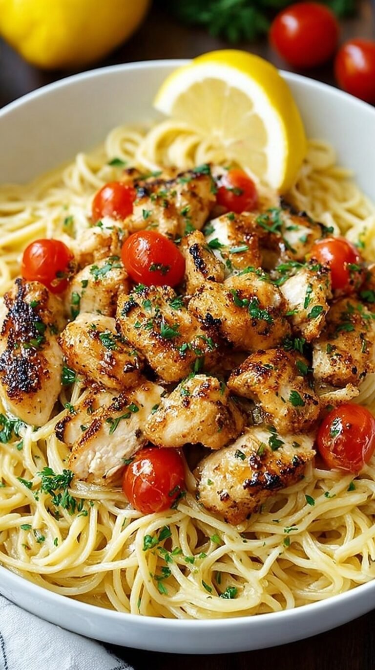 A plate of golden brown chicken strips and linguine tossed in a lemon garlic butter sauce with fresh parsley.