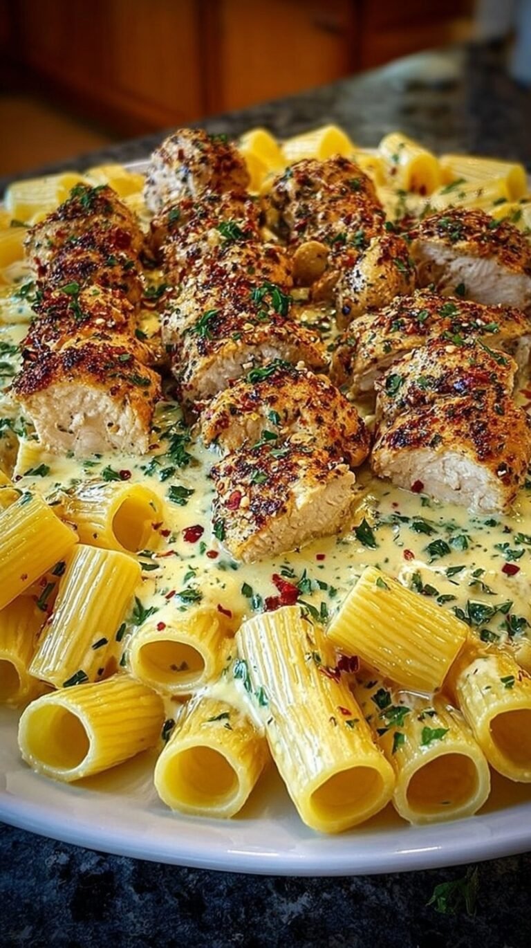 A skillet of creamy rigatoni pasta with golden chicken bites and melted mozzarella cheese