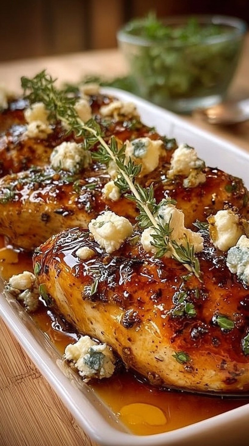 Pan-seared chicken breasts topped with melted feta cheese and a spicy red pepper honey glaze
