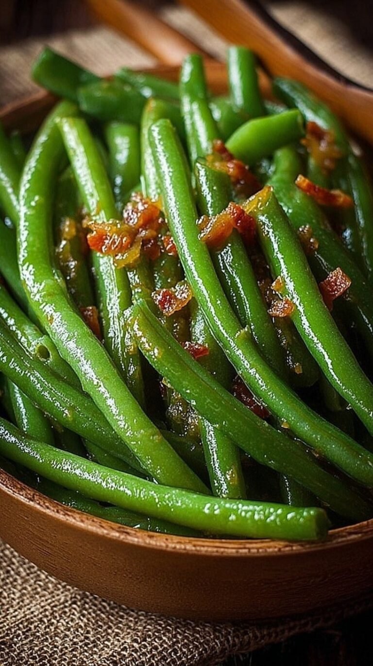 A baking dish filled with glazed green beans topped with crumbled bacon bits