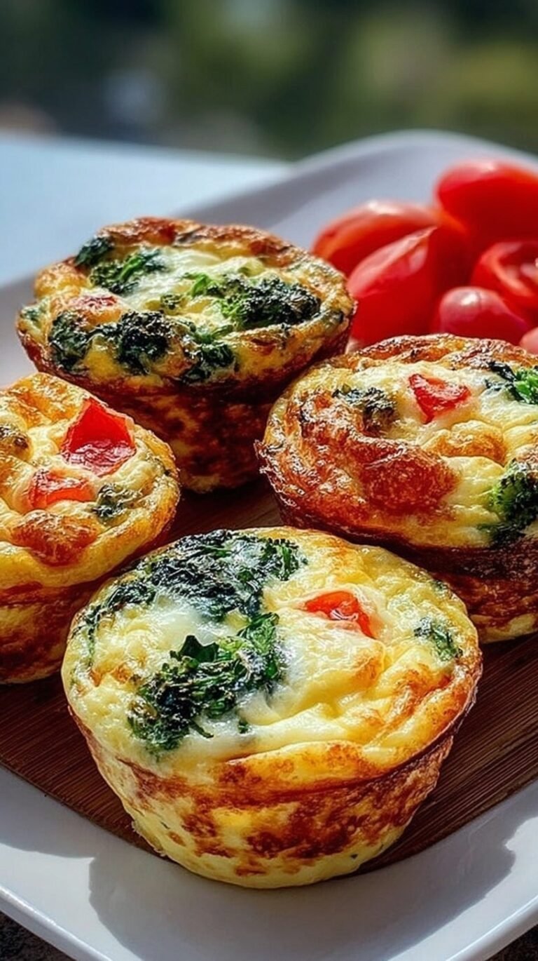 A tray of golden-baked egg white muffins filled with red peppers and green spinach.