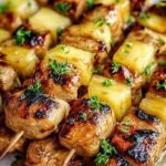 Grilled chicken skewers with pineapple, red onion, and bell peppers on a platter.