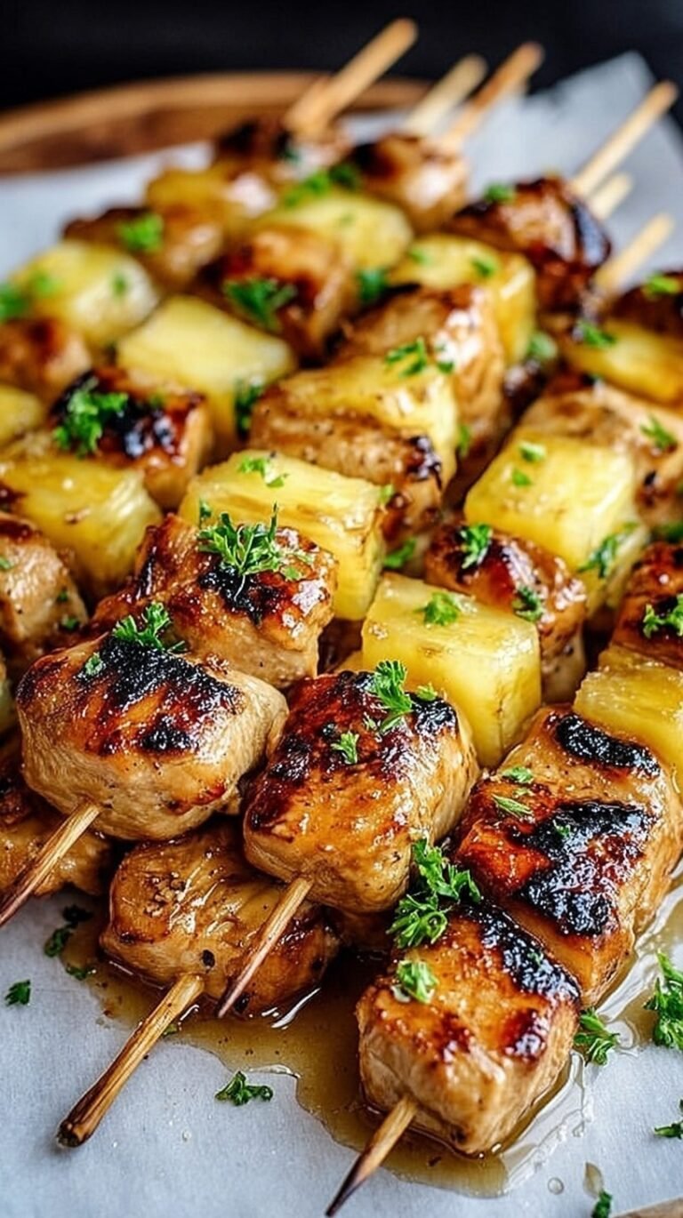 Grilled chicken skewers with pineapple, red onion, and bell peppers on a platter.