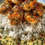 Tender chicken strips in a garlic lemon sauce served over creamy Parmesan rice