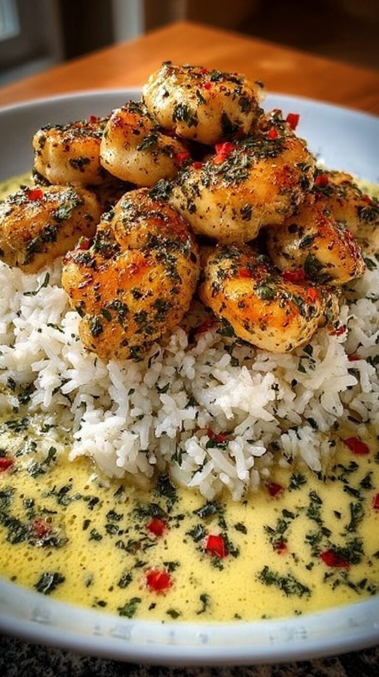 Tender chicken strips in a garlic lemon sauce served over creamy Parmesan rice