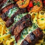 Sliced Cajun steak served over creamy Parmesan fettuccine with fresh parsley