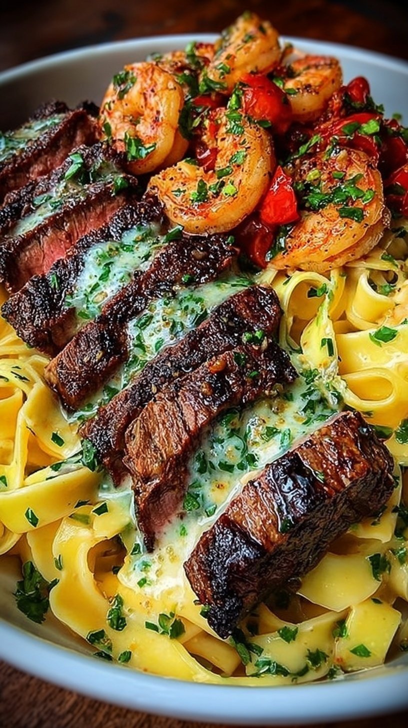 Sliced Cajun steak served over creamy Parmesan fettuccine with fresh parsley