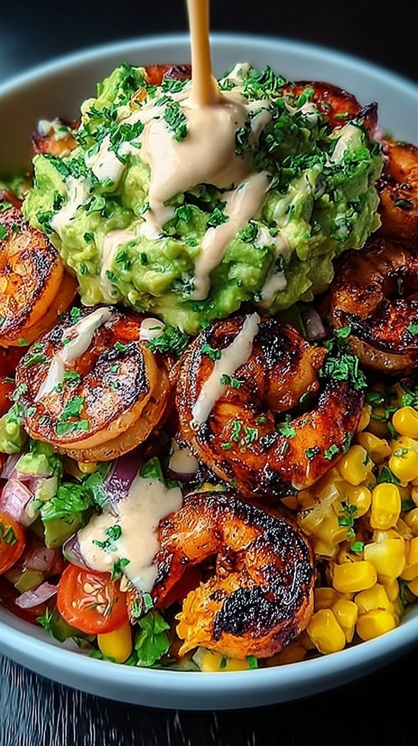 A vibrant grilled shrimp bowl with sliced avocado, corn salsa, and creamy chipotle sauce over white rice.