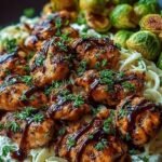 A plate of creamy fettuccine Alfredo topped with glazed chicken strips, whipped feta, and crispy roasted Brussels sprout leaves.