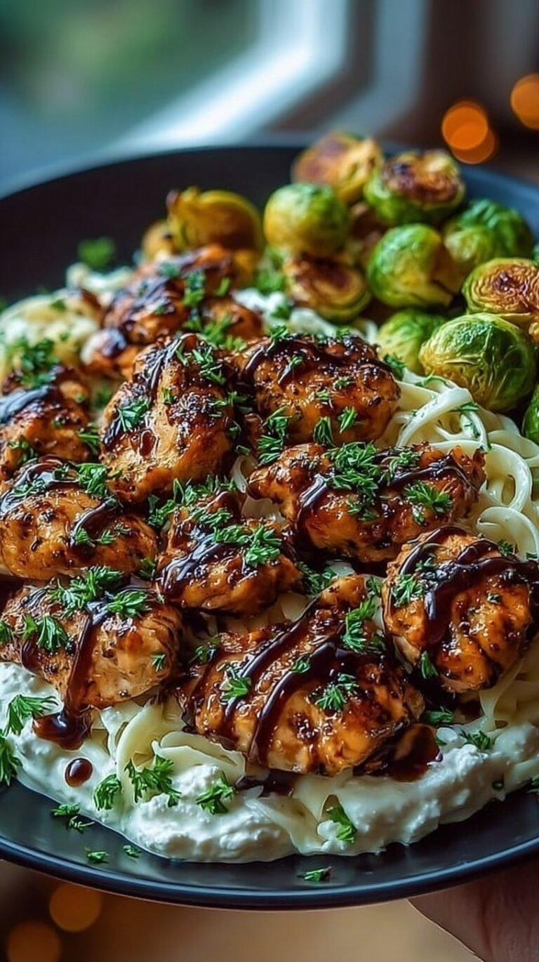 A plate of creamy fettuccine Alfredo topped with glazed chicken strips, whipped feta, and crispy roasted Brussels sprout leaves.
