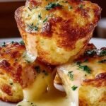 Golden brown cheesy potato puffs in a muffin tin with fresh chives