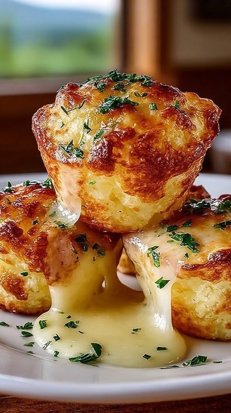 Golden brown cheesy potato puffs in a muffin tin with fresh chives