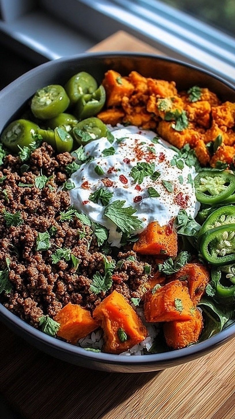 A vibrant ground beef power bowl with roasted sweet potatoes, sautéed spinach, and fresh avocado slices.