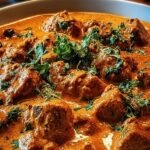 A bowl of creamy chicken tikka masala garnished with fresh cilantro and served with warm naan bread.