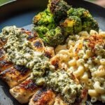 A bowl of creamy pesto chicken alfredo topped with spicy whipped feta and crunchy parmesan broccoli.