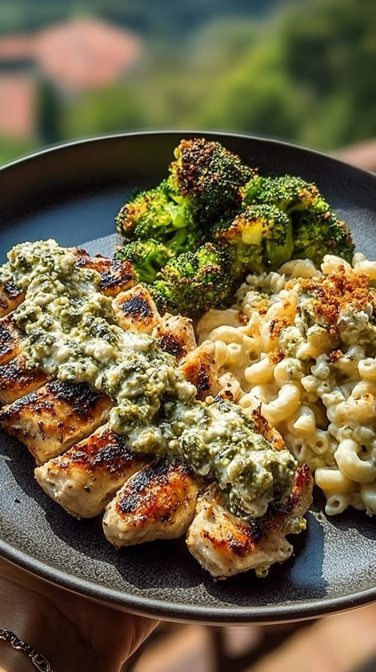 A bowl of creamy pesto chicken alfredo topped with spicy whipped feta and crunchy parmesan broccoli.