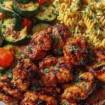 Creamy Cajun Chicken Alfredo pasta topped with garlic chili oil chicken bites and charred zucchini twists in a white bowl