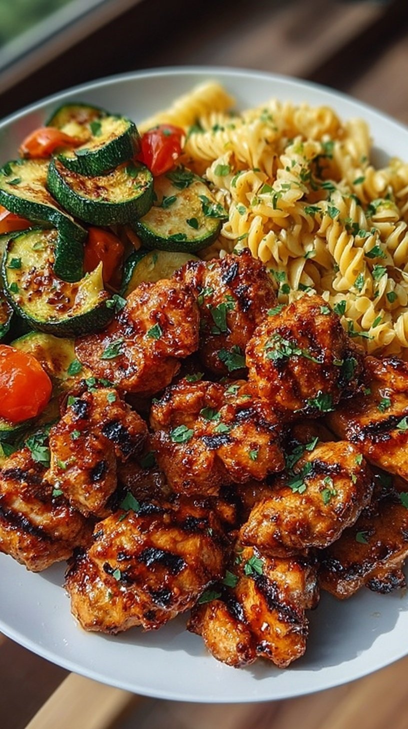 Creamy Cajun Chicken Alfredo pasta topped with garlic chili oil chicken bites and charred zucchini twists in a white bowl