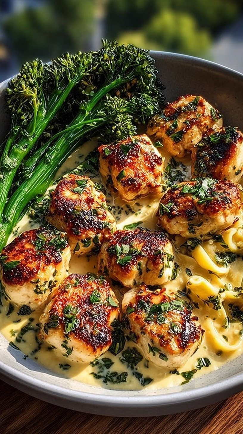 Golden garlic parmesan chicken bites served over creamy cajun sauce with charred broccolini