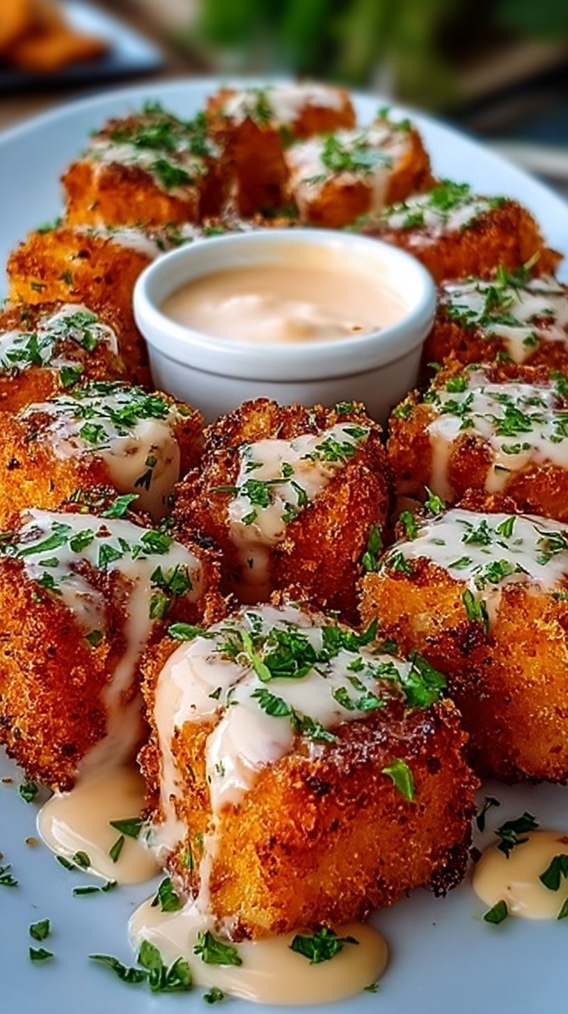 Golden brown crispy salmon bites tossed in a creamy orange chili sauce and garnished with green onions