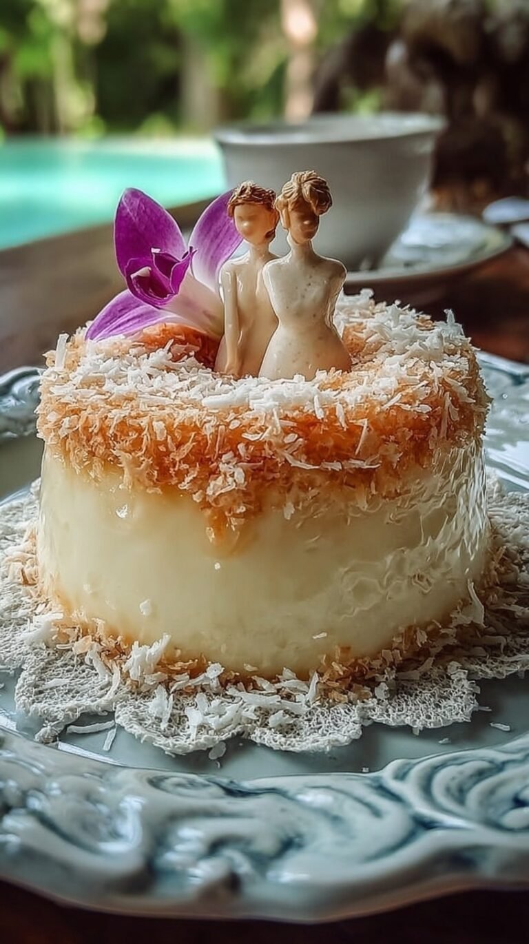 A golden brown Brazilian custard cake sliced on a white plate with shredded coconut on top.