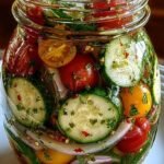 A glass bowl filled with sliced cucumbers, red onions, and tomato wedges in a clear vinegar marinade.