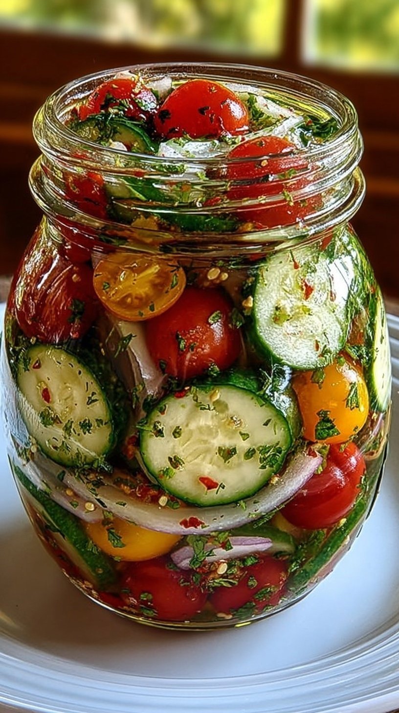 A glass bowl filled with sliced cucumbers, red onions, and tomato wedges in a clear vinegar marinade.