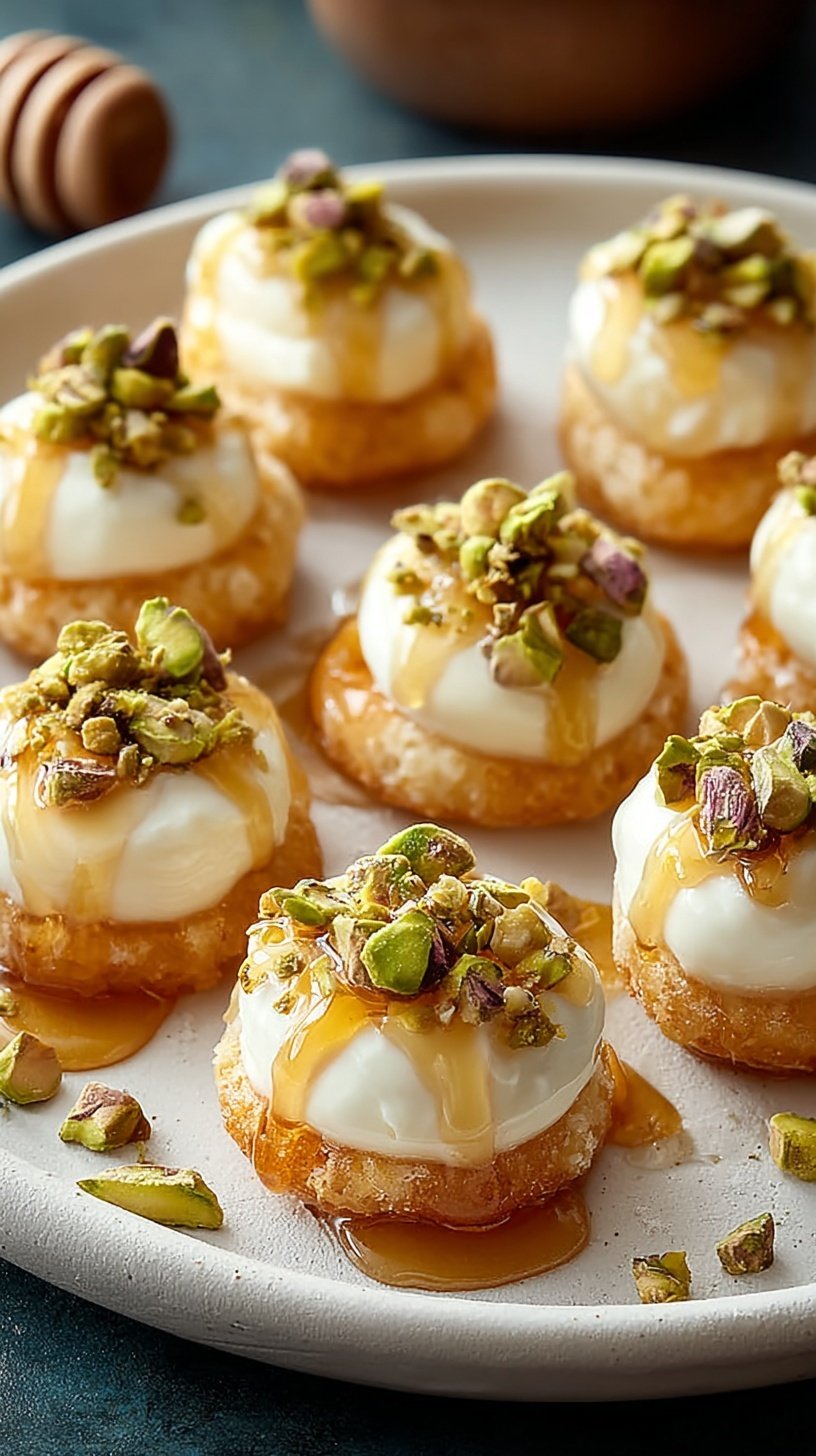 Crispy baguette slices topped with whipped ricotta, chopped pistachios, and a drizzle of honey on a wooden serving board.
