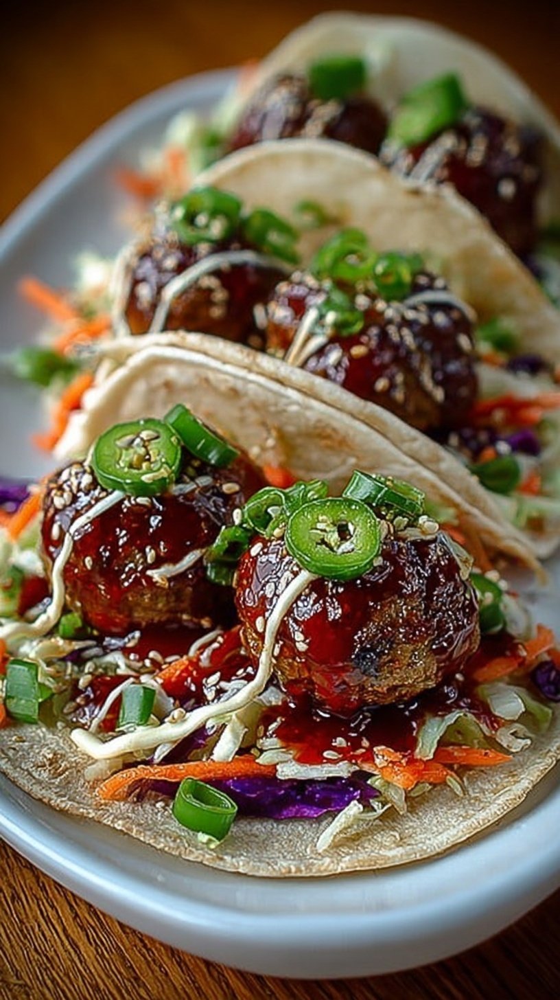 Platter of flour tortillas filled with glazed Korean BBQ meatballs, purple cabbage, and kimchi crema.