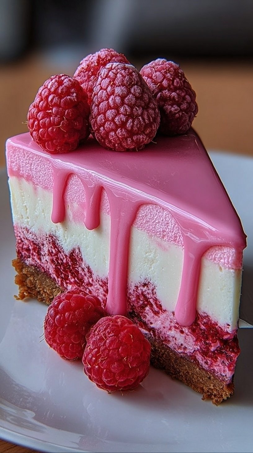A creamy pink velvet raspberry cheesecake with a decorative red swirl on a graham cracker crust.
