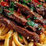 A bowl of Sweet and Spicy Garlic Steak Pasta topped with green onions and sesame seeds