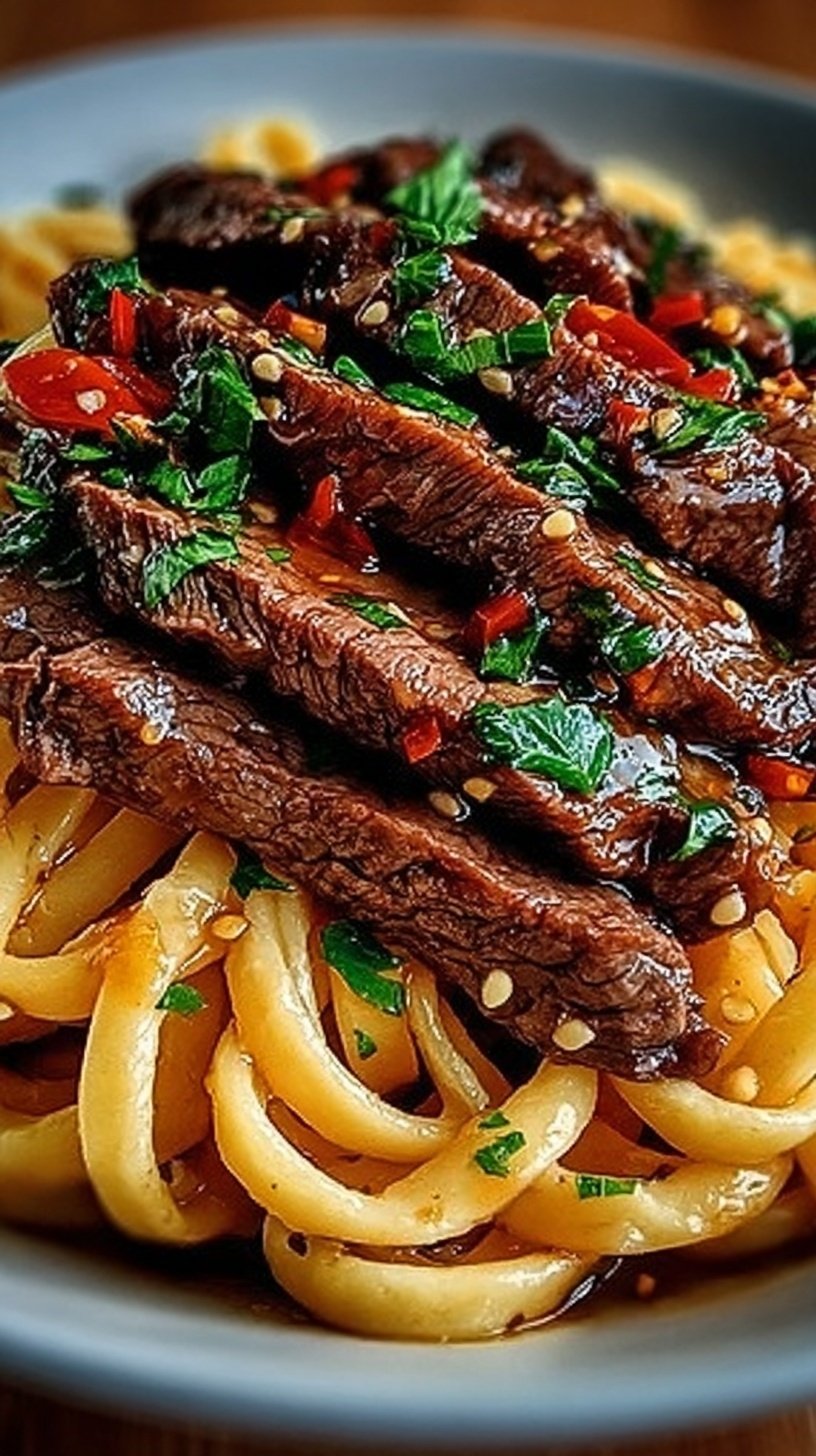 A bowl of Sweet and Spicy Garlic Steak Pasta topped with green onions and sesame seeds