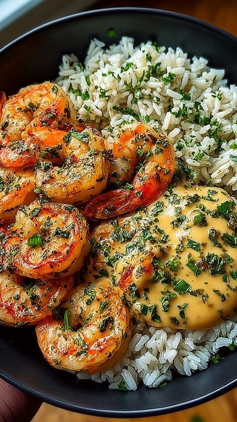 A vibrant Garlic Butter Shrimp Bowl topped with fresh herbs and lemon wedges over a bed of jasmine rice.