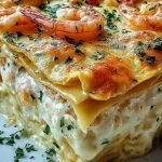 A golden, bubbly tray of shrimp scampi lasagna with melted mozzarella and fresh parsley on top.