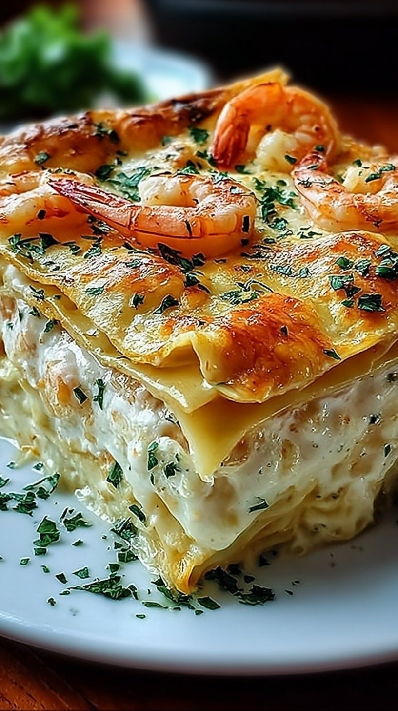 A golden, bubbly tray of shrimp scampi lasagna with melted mozzarella and fresh parsley on top.