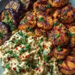 A bowl of creamy whipped feta chicken alfredo topped with crispy eggplant wedges and chili oil drizzle.