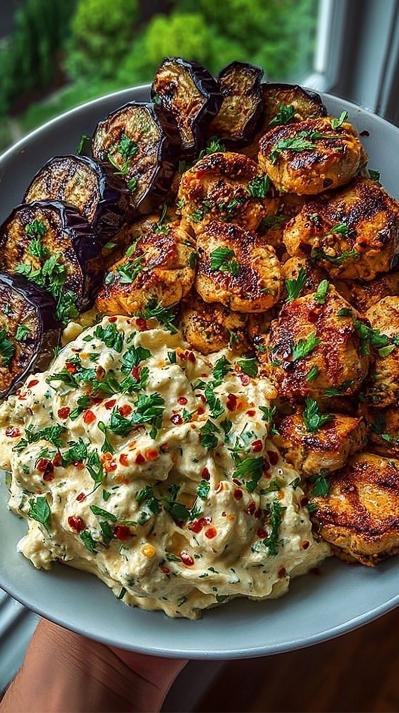 A bowl of creamy whipped feta chicken alfredo topped with crispy eggplant wedges and chili oil drizzle.