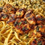 A white bowl filled with creamy Cajun chicken linguine topped with fresh parsley